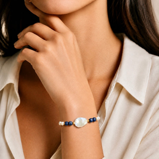 Baroque freshwater pearl bracelet with natural blue gemstones and 18K gold plated sterling silver.