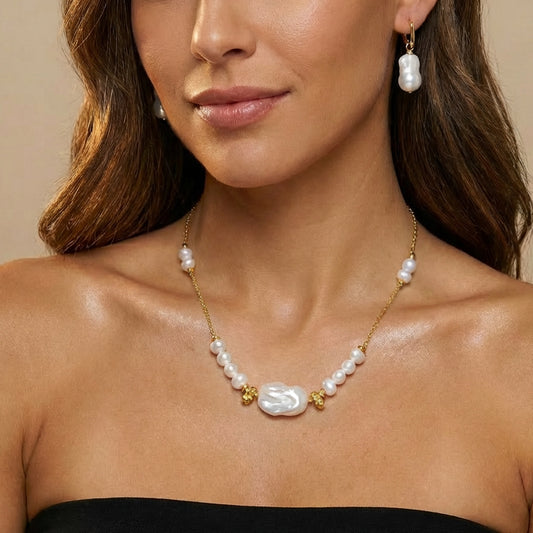 Woman wearing a pearl necklace and earrings