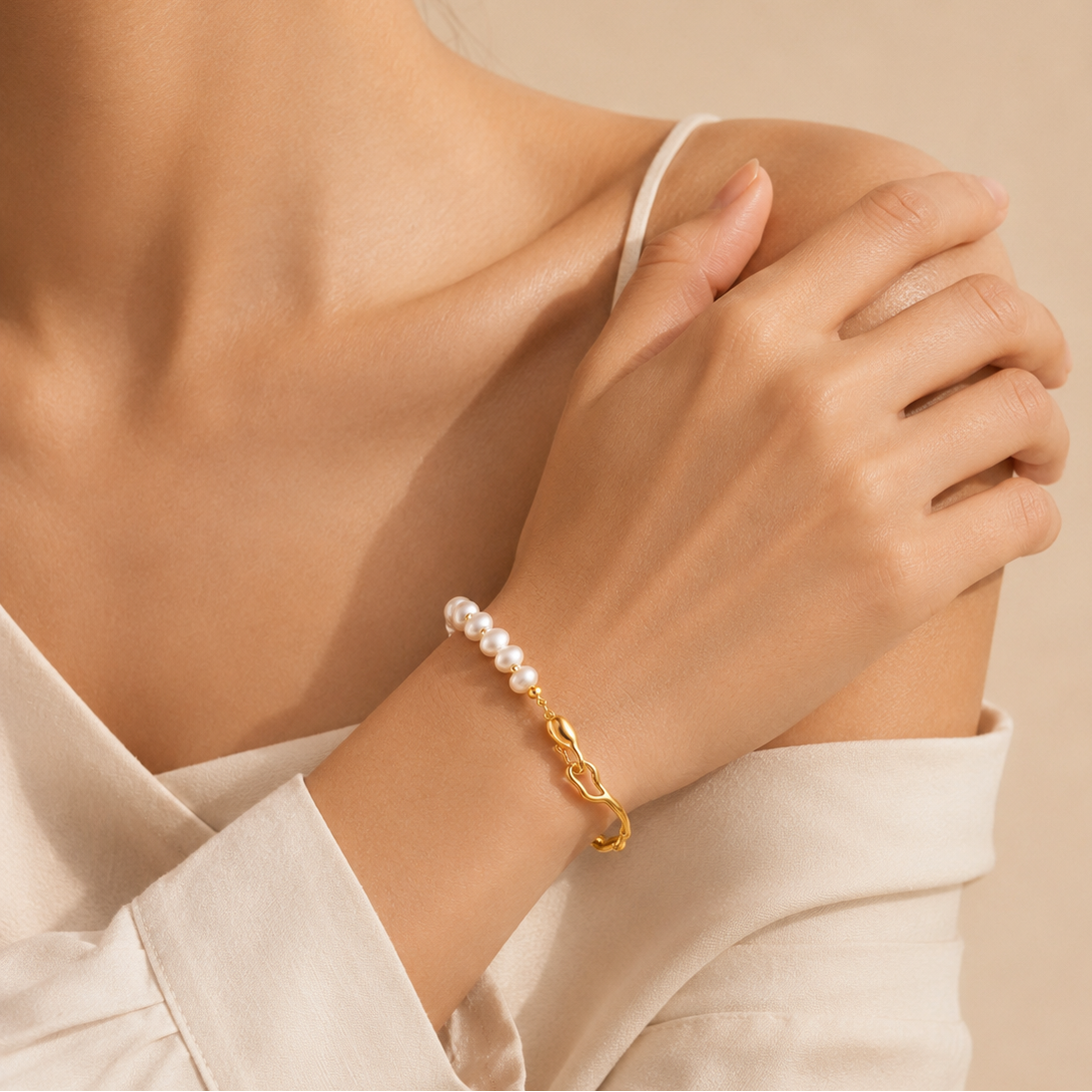 A close-up lifestyle shot of a model wearing a delicate bracelet on her wrist. The bracelet features a strand of small white pearls connected by a polished gold link chain.