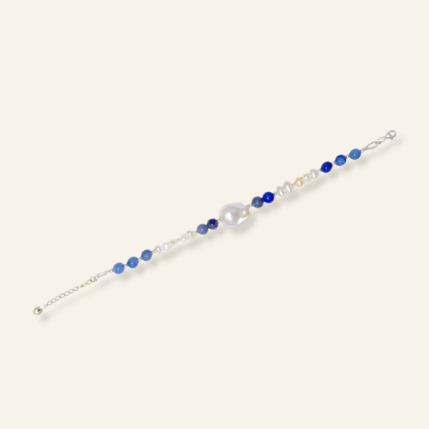 Baroque freshwater pearl bracelet with natural blue gemstones and sterling silver in melbourne.