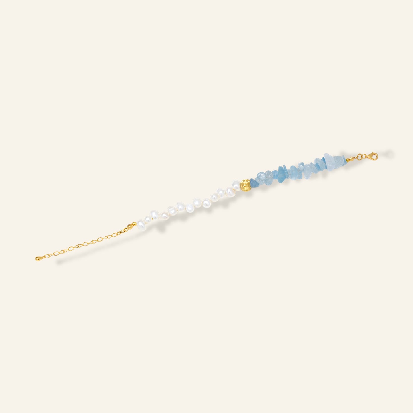 aquamarine pearl bracelt with gold chain 