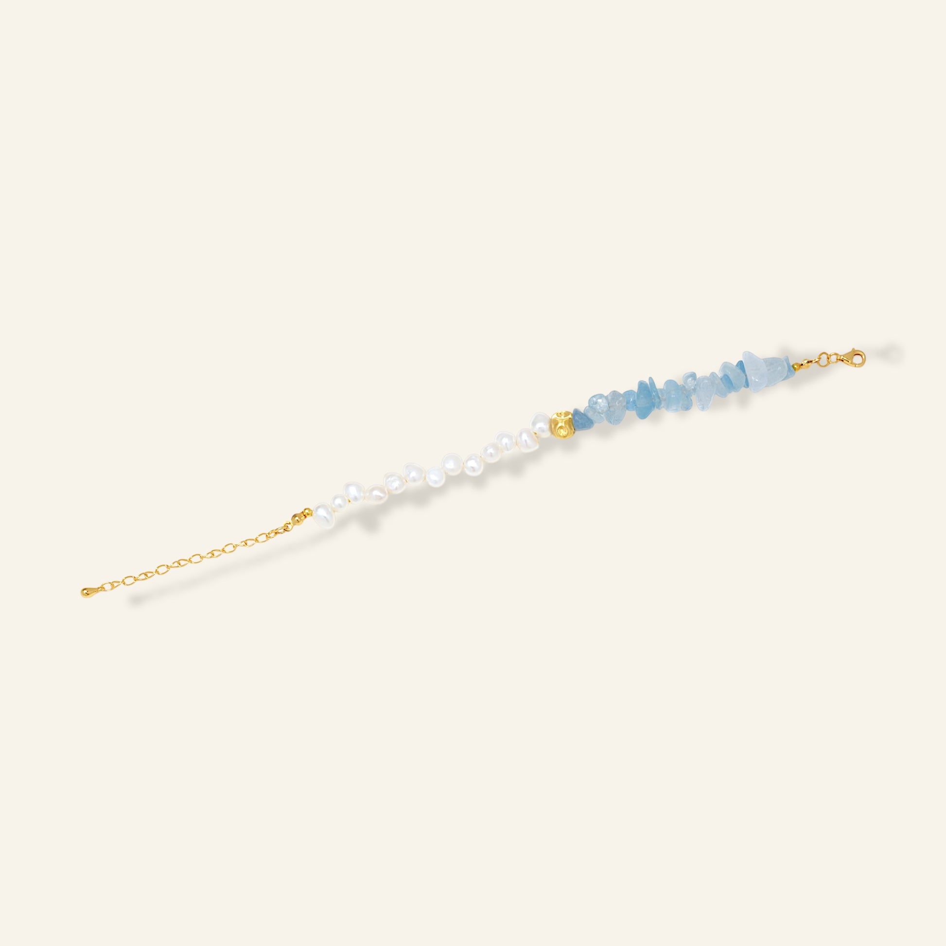 aquamarine pearl bracelt with gold chain 