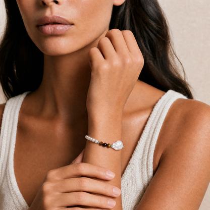 A close-up lifestyle shot of a model wearing a delicate beaded bracelet on her wrist. The bracelet features small white pearls, a dark brown tiger eye stone