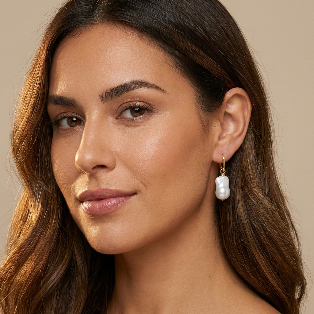 Close-up of a woman wearing pearl earrings 