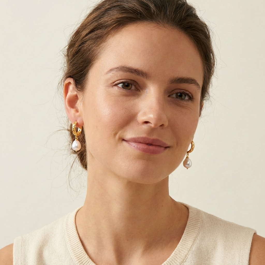 Woman wearing pearl earrings 