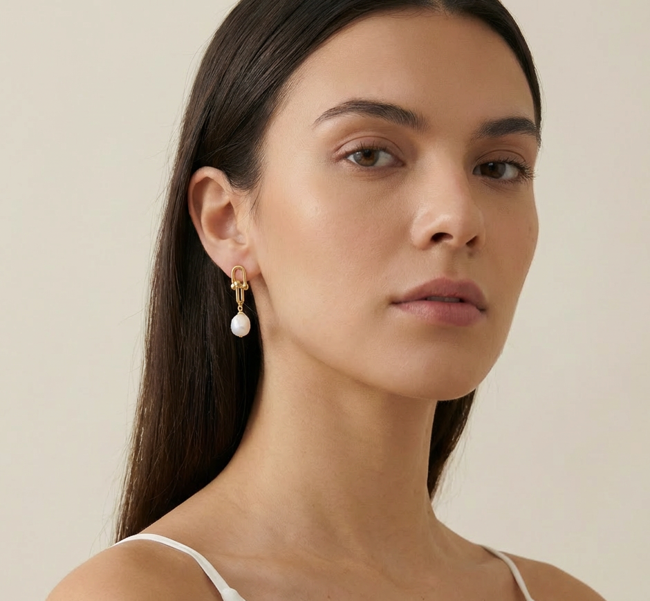 Woman wearing a pearl earring against a neutral background