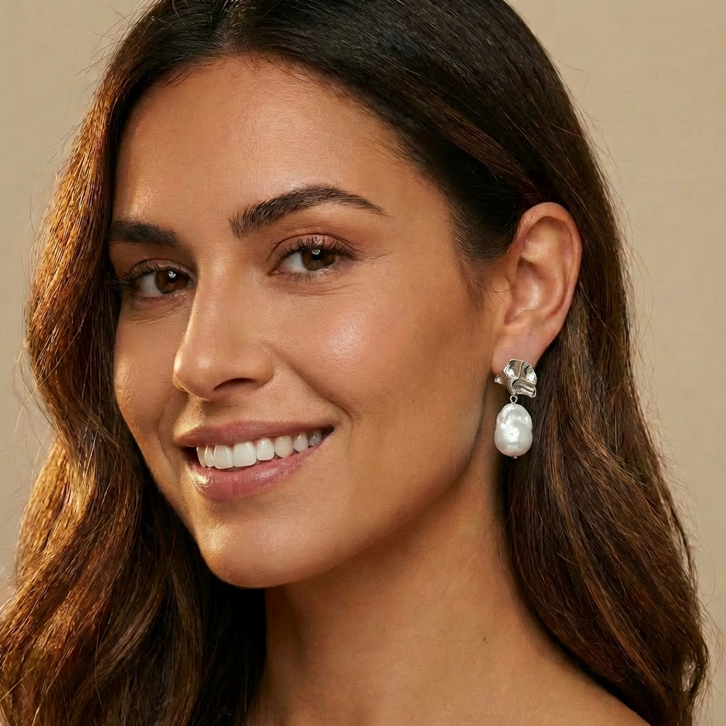Woman wearing pearl earrings 