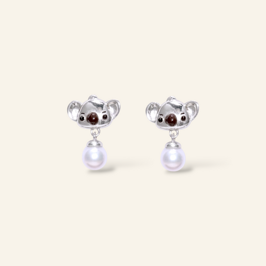Koala pearl drop earrings in silver