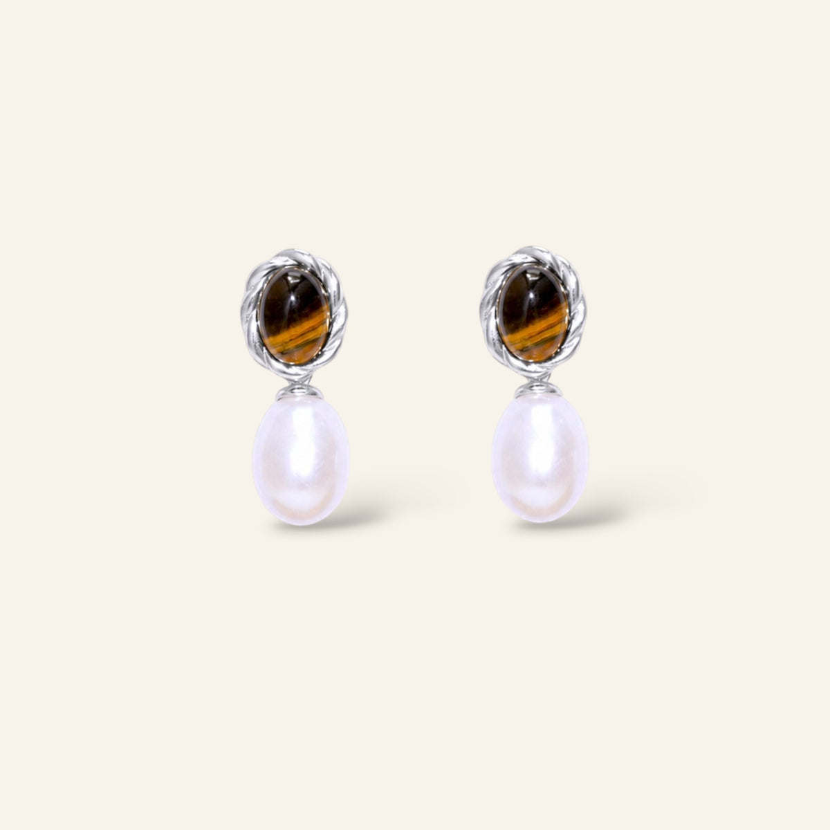 Pair of earrings with tiger eye stones and pearl drops 