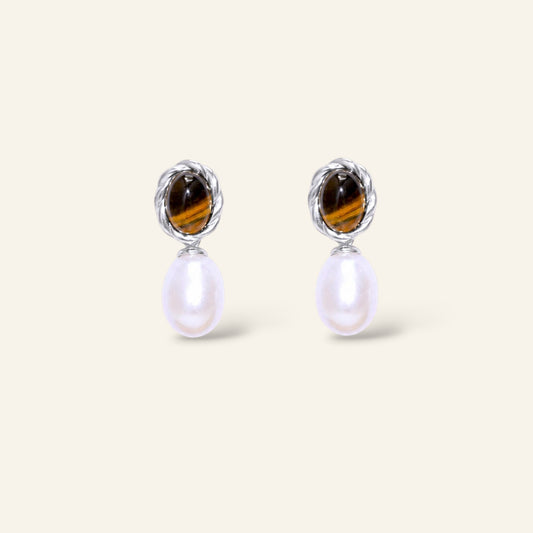 Pair of earrings with tiger eye stones and pearl drops 