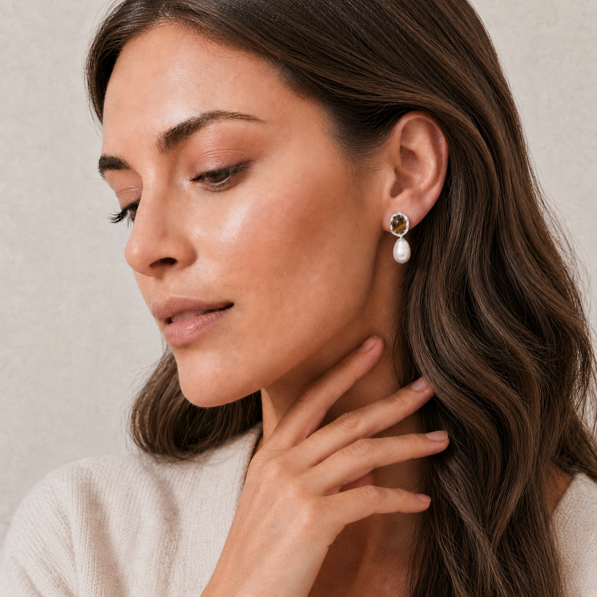 pearl earrings with tiger eye stones 
