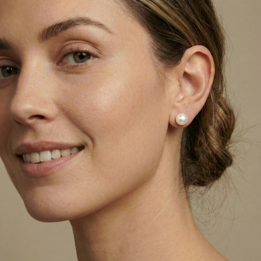Close-up of a woman wearing pearl earrings 